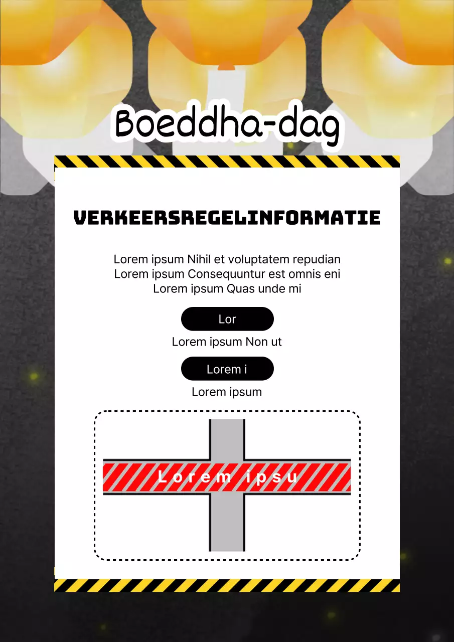 Geel en zwart verkeersbeperkingsbericht voor moderne Boeddha-dag