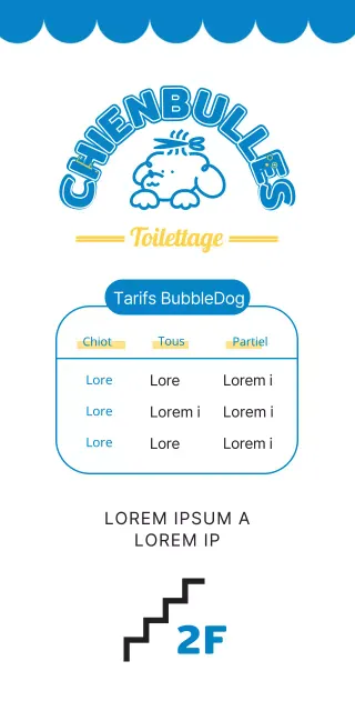 2024 Conception d'une bannière d'orientation avec une liste de prix d'un salon de toilettage pour animaux de compagnie utilisant une illustration de chiot et une police de caractères mignonne pour une garderie pour chiens.