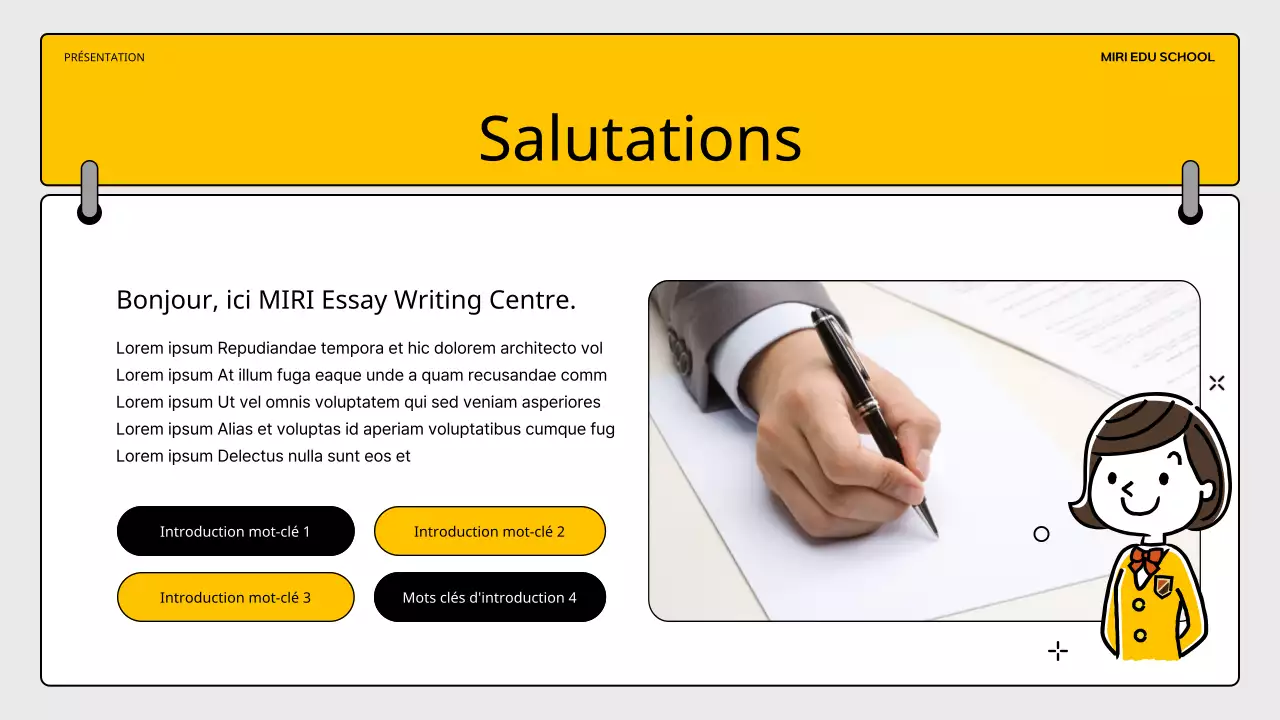 Un simple prospectus d'école de rédaction d'essais jaune et noir