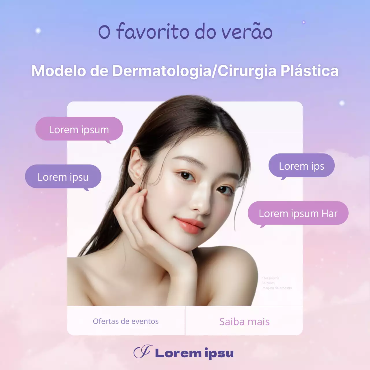 Anúncio moderno de dermatologia e cirurgia plástica em roxo e lilás