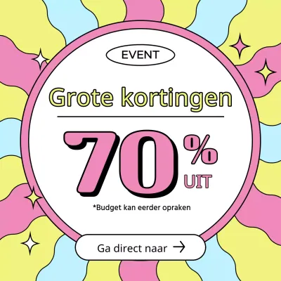 Kitscherige kortingadvertentie in roze en geel