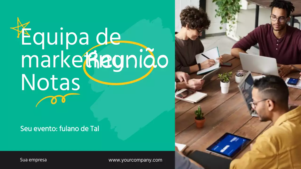 Relatório das notas da reunião da equipa de marketing das tendências verde e amarela