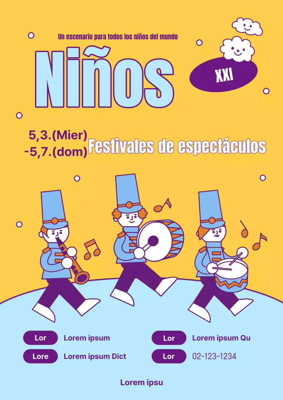 Simpático folleto amarillo y azul claro para promocionar la actuación del Día del Niño