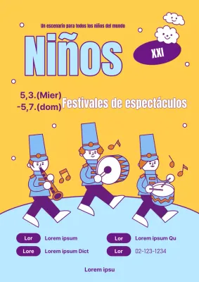 Simpático folleto amarillo y azul claro para promocionar la actuación del Día del Niño