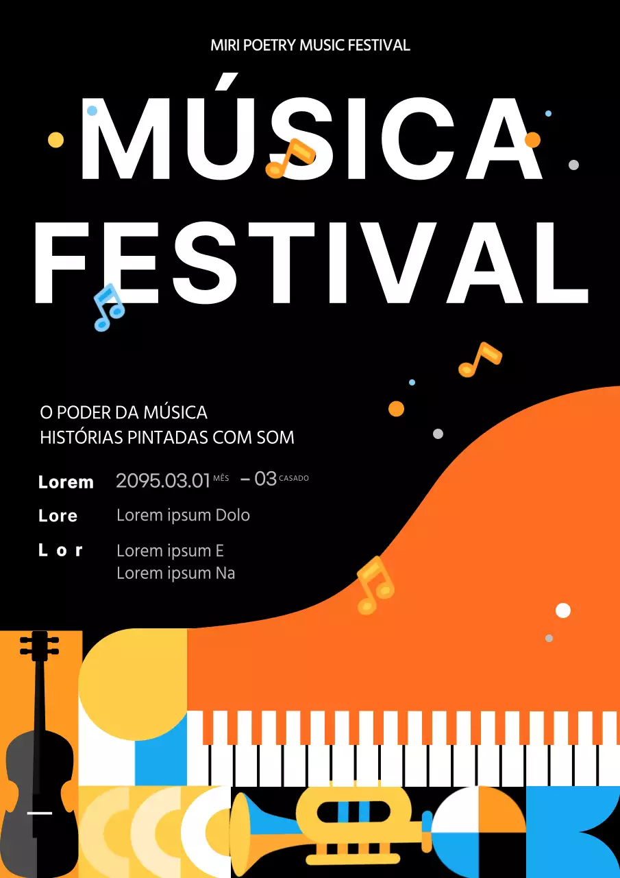 Cartaz promocional moderno em preto e laranja para festival de música