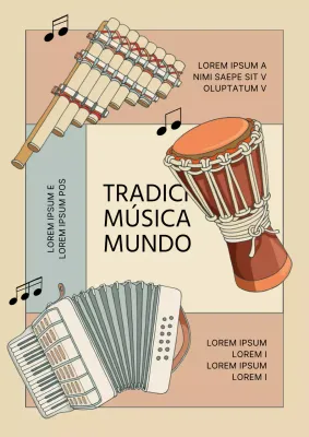 Cartel publicitario de festival de música tradicional moderna en beige y azul claro