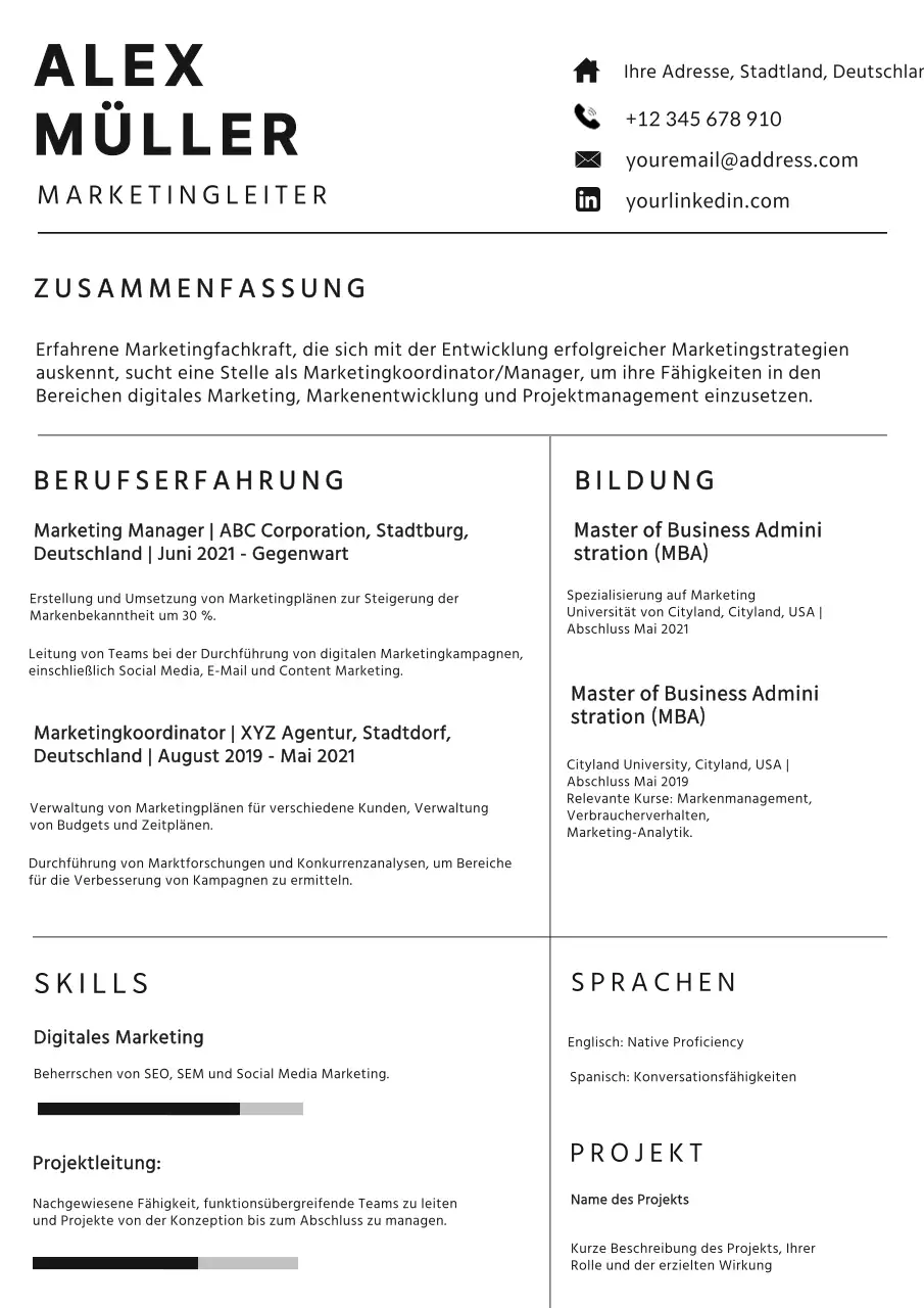 Weiß und Schwarz Einfaches Marketing Manager Portfolio