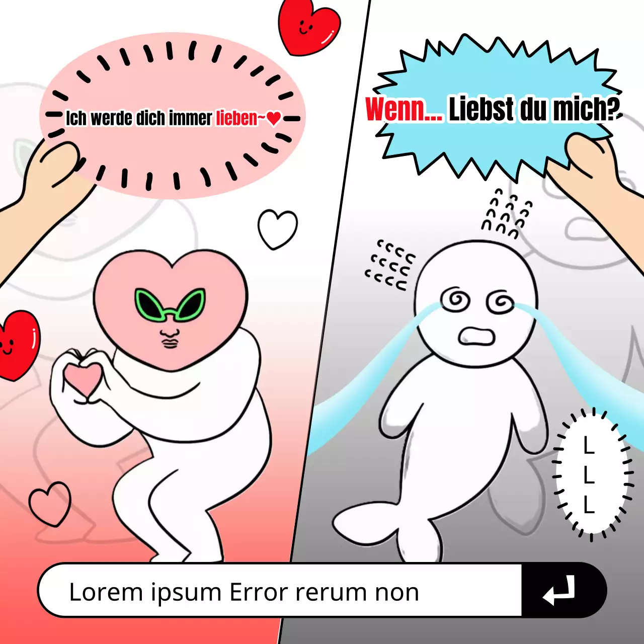 Roter und hellblauer Meme-Tweet mit Gag-Abstand