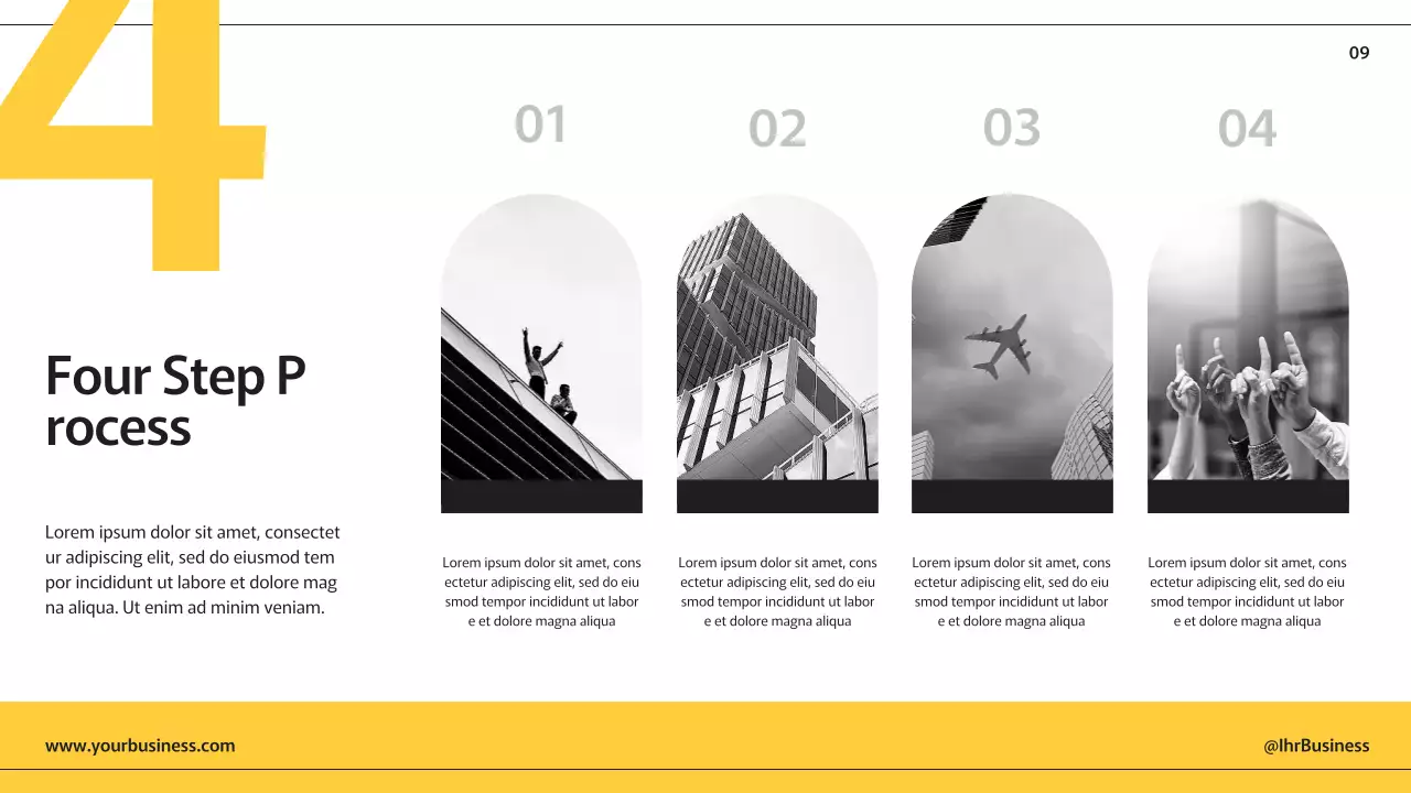 Schwarzgelbe moderne Geschäftspräsentationsseiten mit verschiedenen Layouts