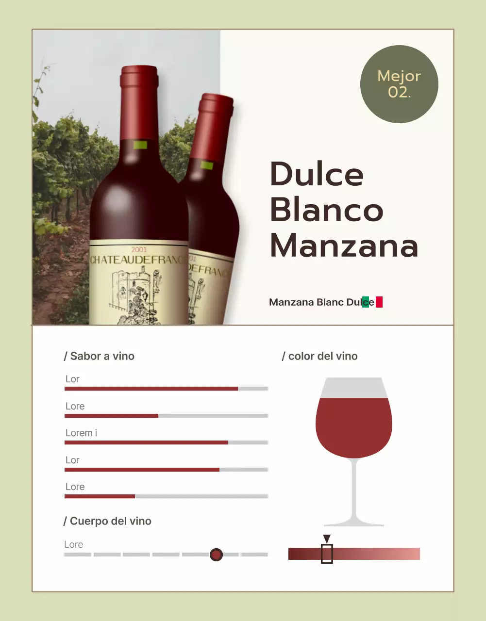 Promover descripciones de vinos finos en chartreuse y caqui