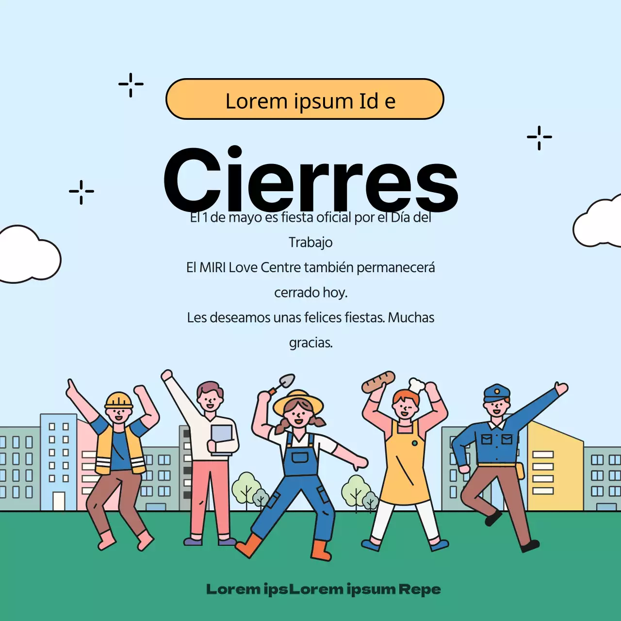 Anuncio de cierre del Día del Trabajo amarillo y arco iris