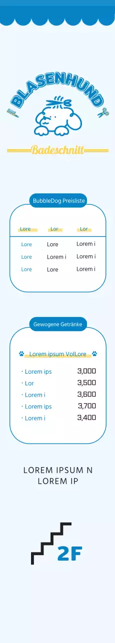 2024 Entwurf eines Wegweiserbanners mit einer Preisliste für einen Hundesalon unter Verwendung einer Welpenillustration und einer niedlichen Schriftart für eine Hundetagesstätte