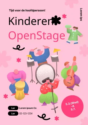 Schattige roze en zwarte poster ter promotie van een voorstelling op Kinderdag