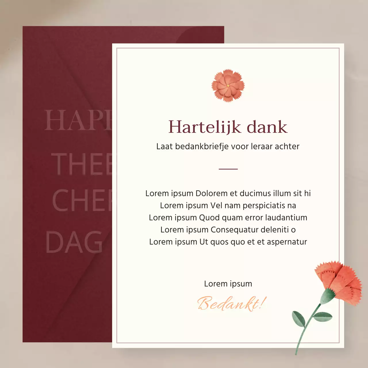 Een moderne collectie bedankbriefpapier in beige en marineblauw