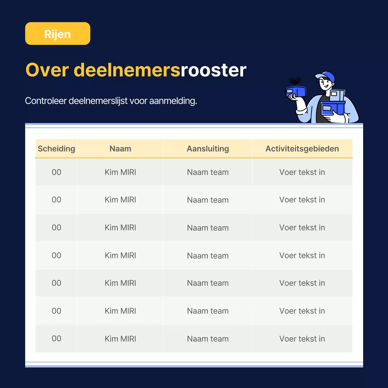 Aankondigingen met een eenvoudige tafel in marineblauw en geel