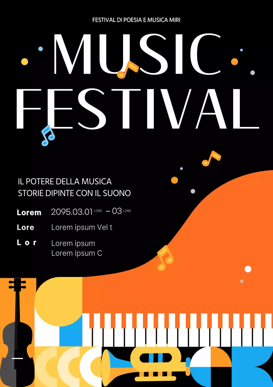 Manifesto web promozionale di un festival musicale moderno in nero e arancione