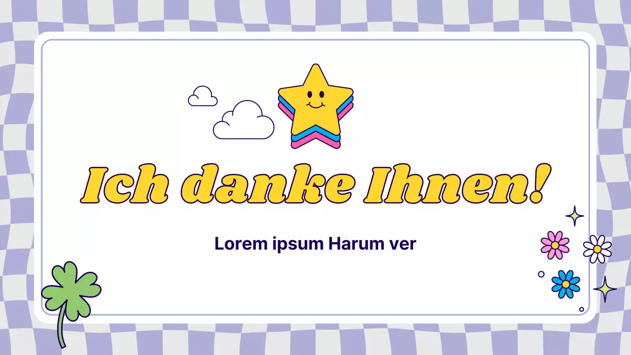 Prospekt mit kitschigen lila und gelben Aufklebern