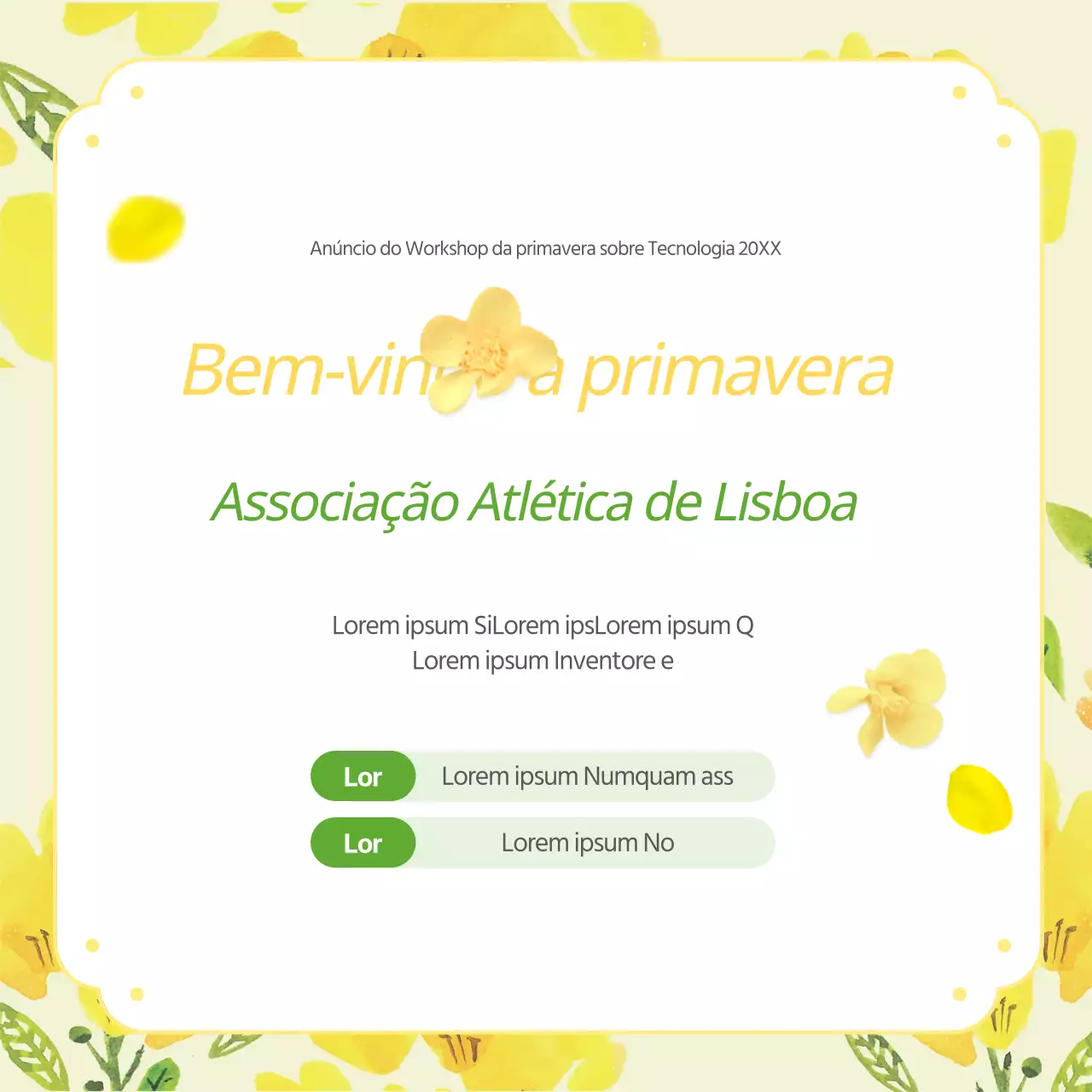 Anúncio amarelo e verde da oficina interna