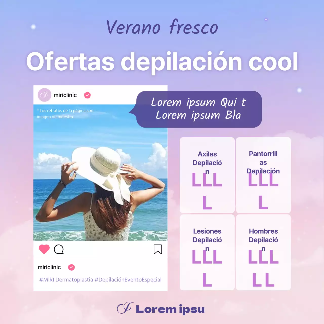 Moderno anuncio de dermatología y cirugía plástica en morado y malva