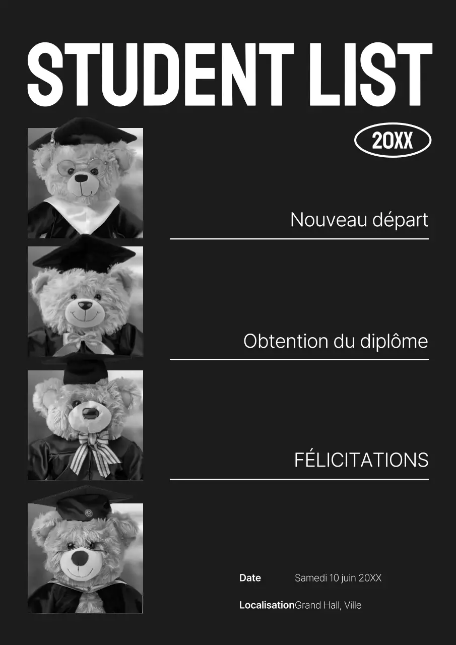 Promotion kitsch pour la remise des diplômes en noir et blanc et en noir