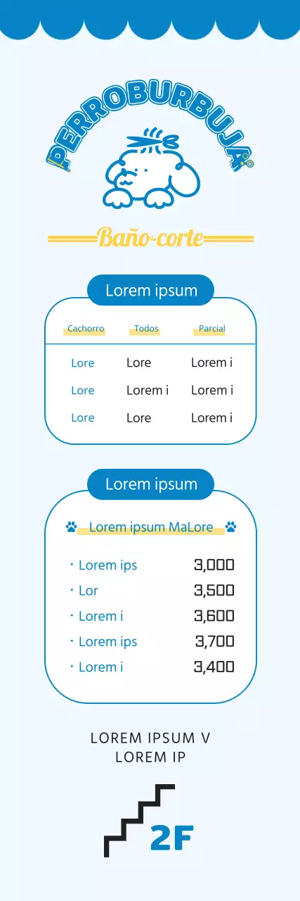 2024 Diseño de una pancarta de orientación con una lista de precios de una peluquería canina utilizando una ilustración de un cachorro y una bonita fuente para una guardería canina.