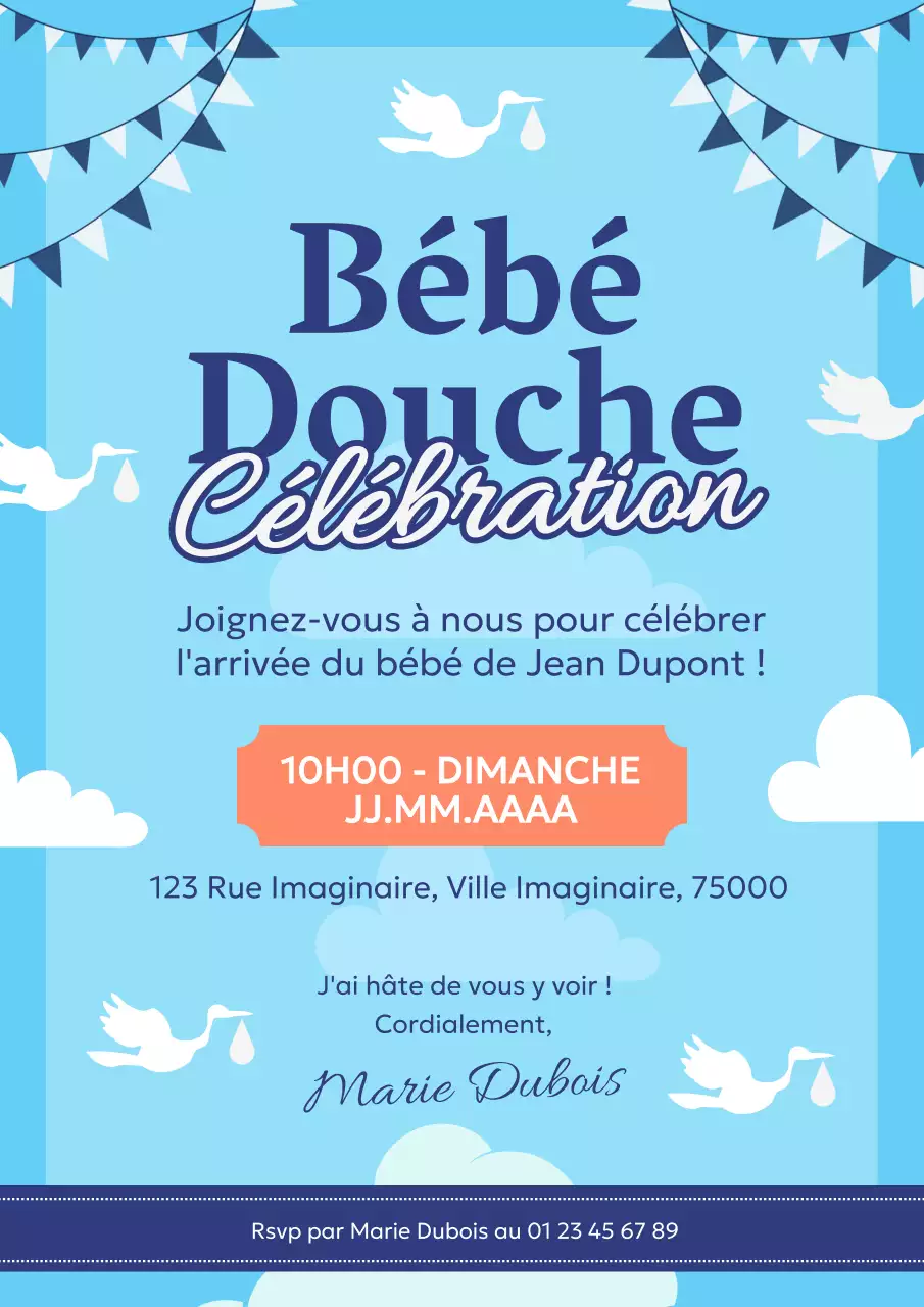 Carte d'invitation pour la célébration d'une fête de bébé moderne bleu ciel