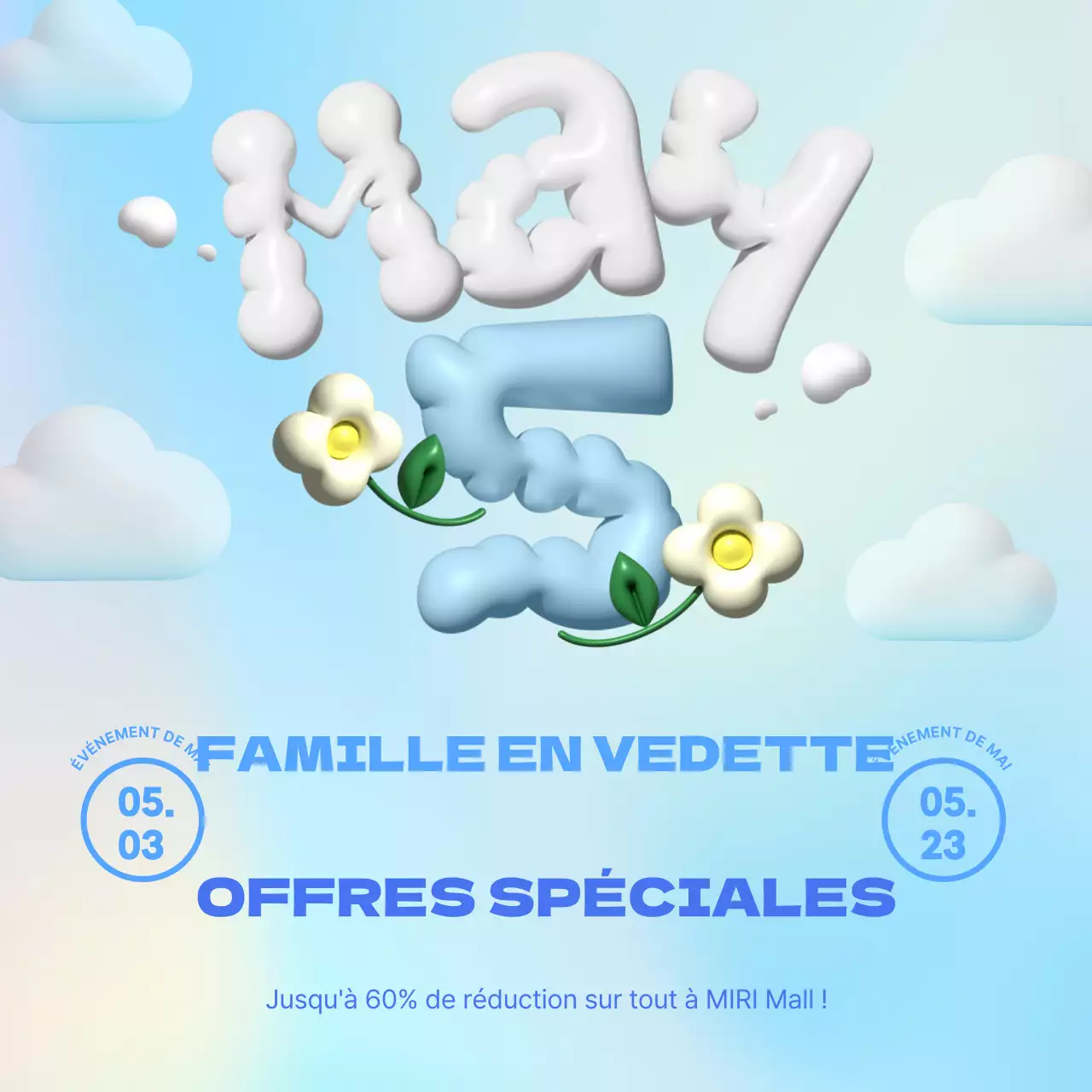 Promouvoir les événements du mois de mai avec des touches de blanc et de bleu clair