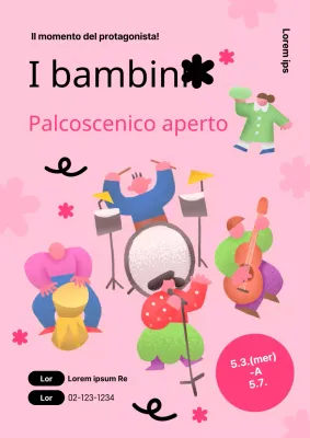 Simpatico manifesto rosa e nero che promuove uno spettacolo per la Giornata dei bambini