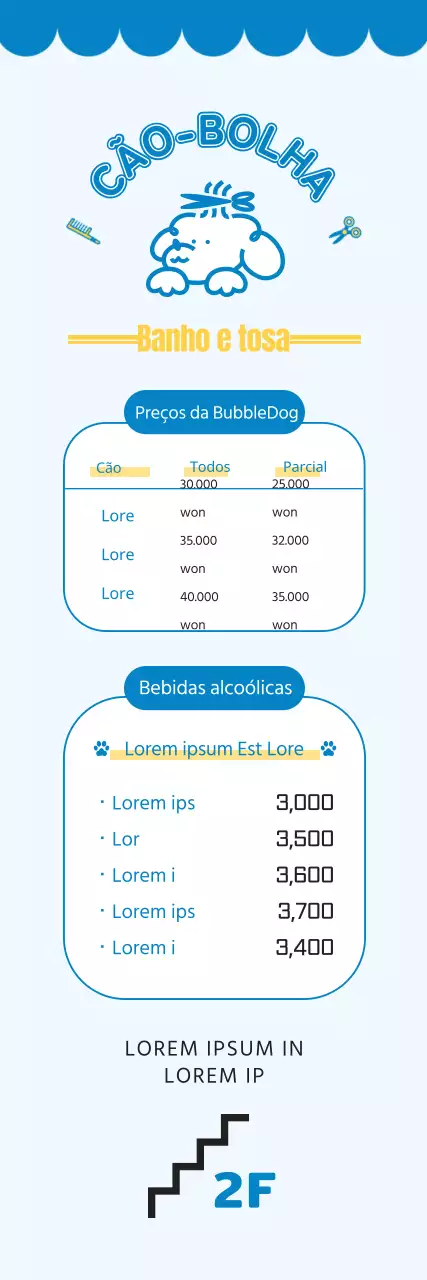 2024 Conceção de uma faixa de orientação com uma lista de preços de um salão de beleza para animais de estimação utilizando uma ilustração de um cachorro e um tipo de letra bonito para uma creche para cães