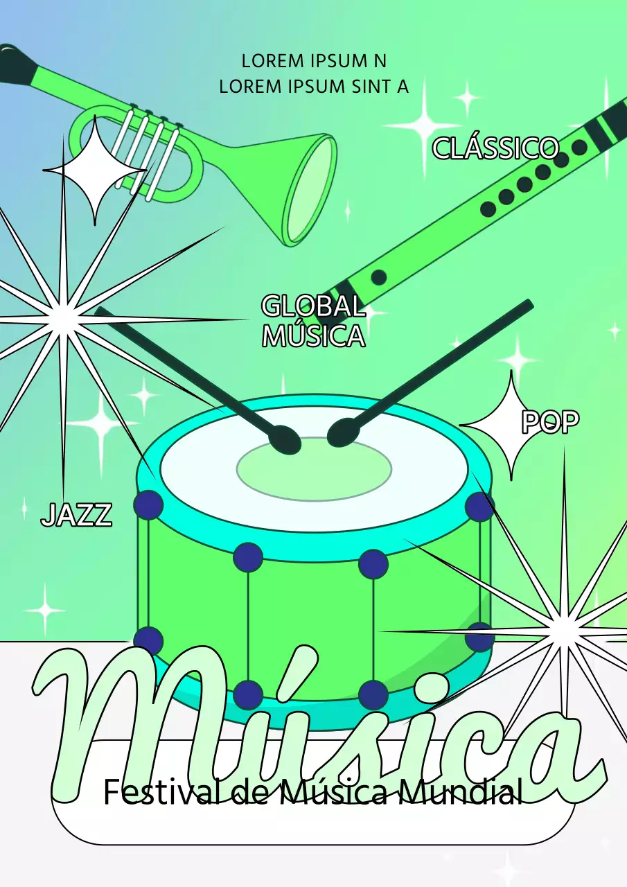 Um cartaz promocional de um festival de música na moda, em azul claro e chartreuse.