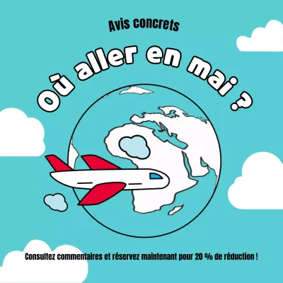 Une publicité simple, bleu clair et blanche, pour les principales destinations du mois de mai.