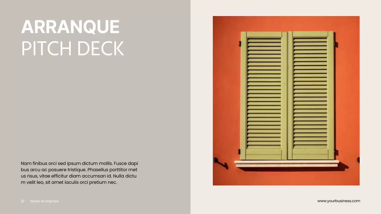 Cinzento Laranja Minimal Clean Projeto Pitch Deck Proposta