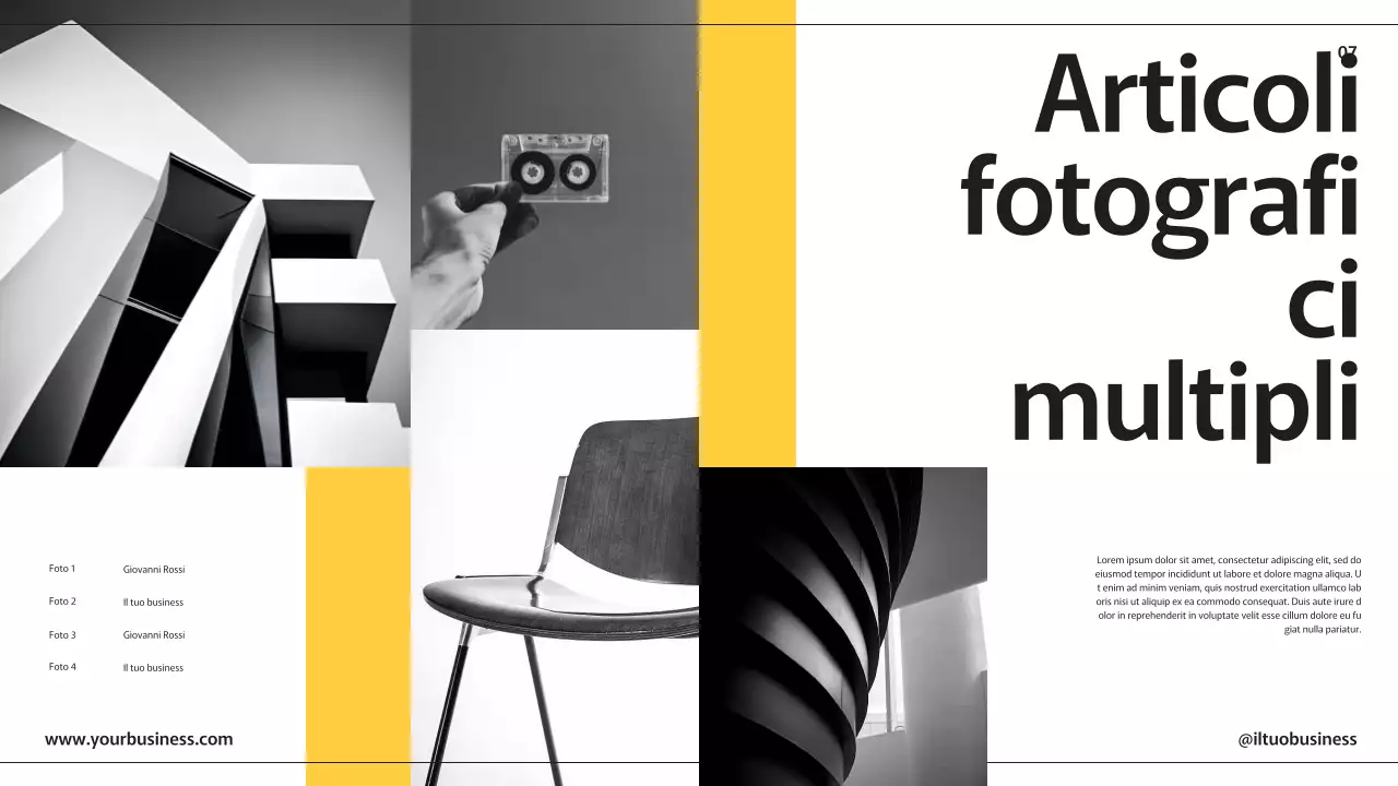 Pagine di presentazione aziendale moderne giallo nero con vari layout