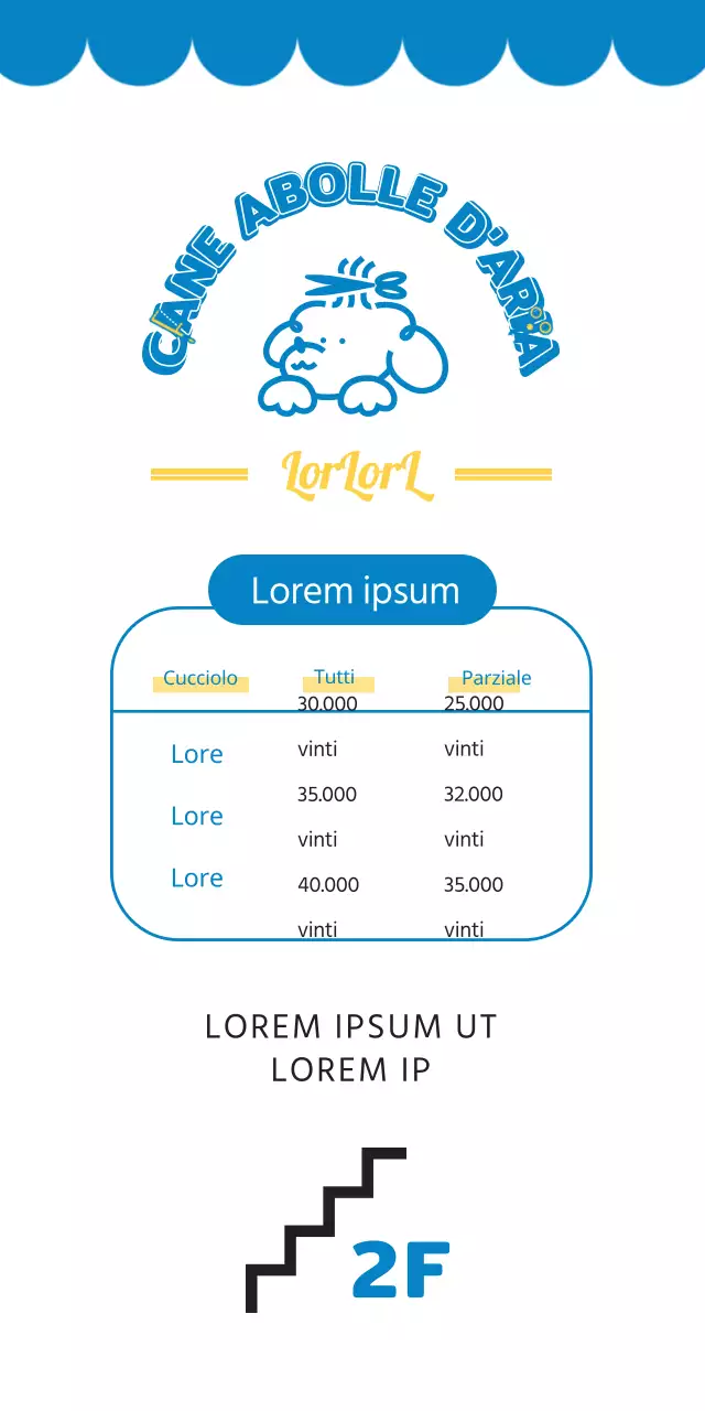 2024 Progettazione di un banner di orientamento con un listino prezzi di un salone di toelettatura per animali domestici utilizzando un'illustrazione di un cucciolo e un font carino per un asilo per cani