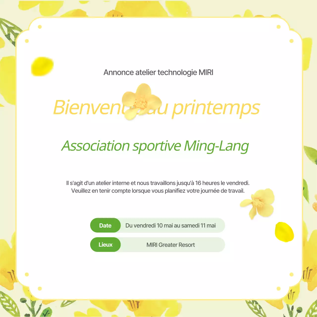 Annonce d'un atelier interne jaune et vert