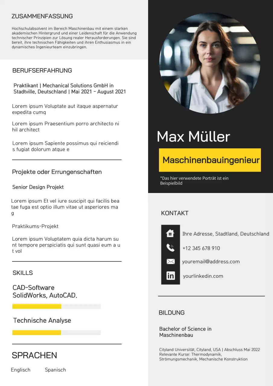 Weißes und gelbes Portfolio eines modernen Maschinenbauers