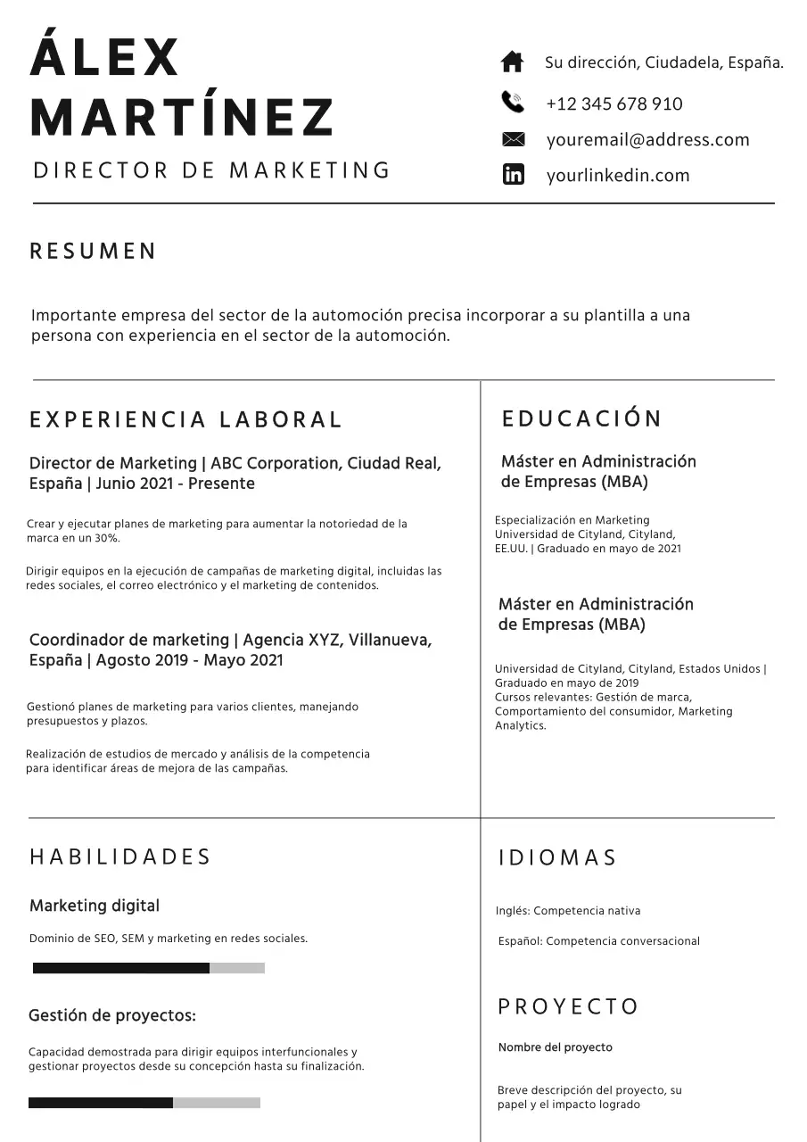 Blanco y negro Cartera simple de Marketing Manager