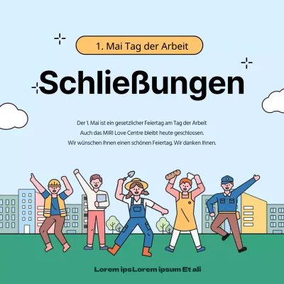 Gelbe und regenbogenfarbene Ankündigung der Schließung am Tag der Arbeit