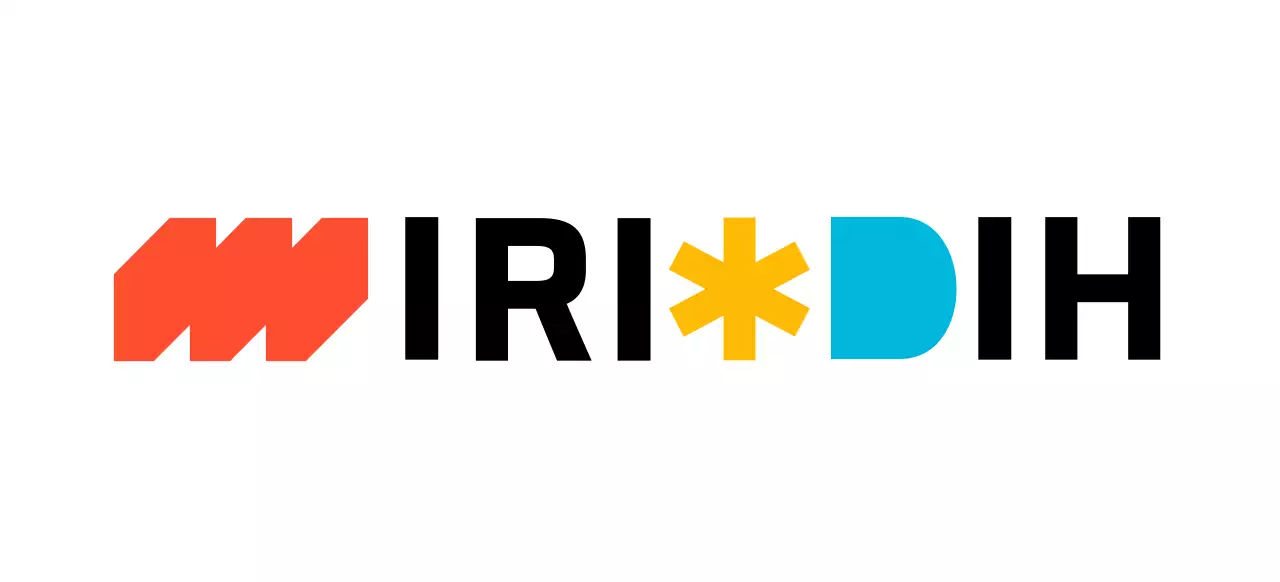 Een logo met een mix van eenvoudige vormen en alfabetten in verschillende kleuren en zwart