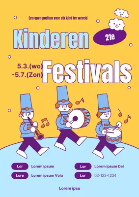 Leuke gele en lichtblauwe flyer ter promotie van de voorstelling op Kinderdag