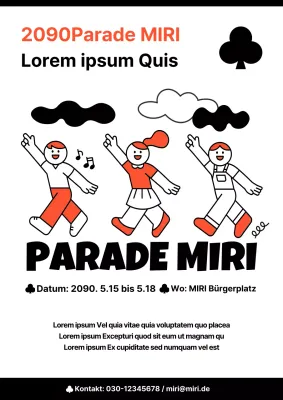 Ein hübsches orange-schwarzes Flugblatt, das Aussteller für die Messe anwirbt