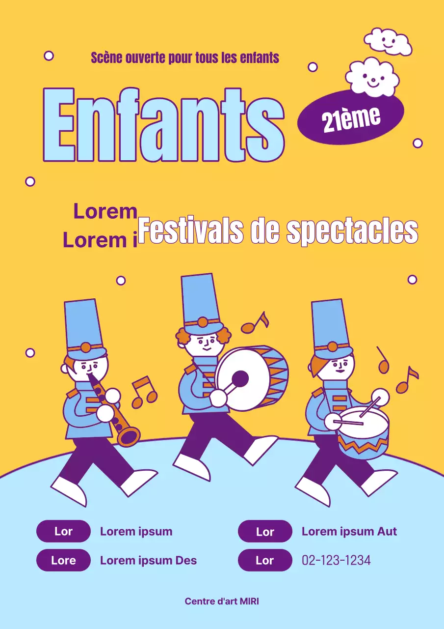Mignon flyer jaune et bleu clair pour la promotion du spectacle de la Journée de l'enfance.