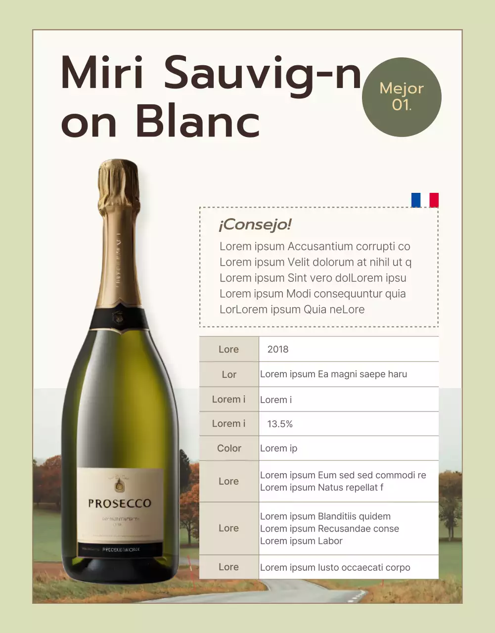 Promover descripciones de vinos finos en chartreuse y caqui