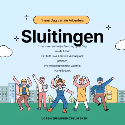 Aankondiging van sluiting van de Dag van de Arbeid met geel en regenboog