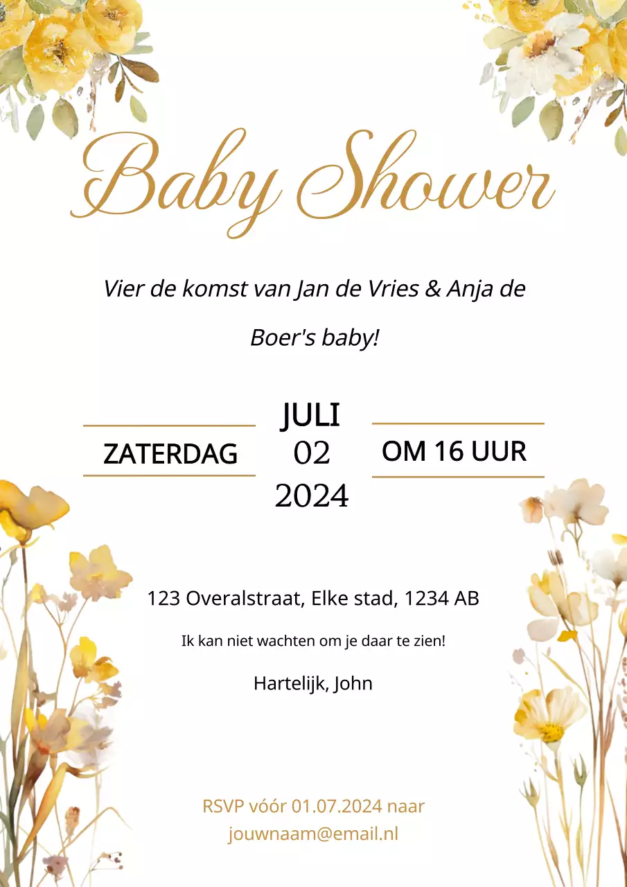 Uitnodiging Gele Natuurlijke Baby Shower