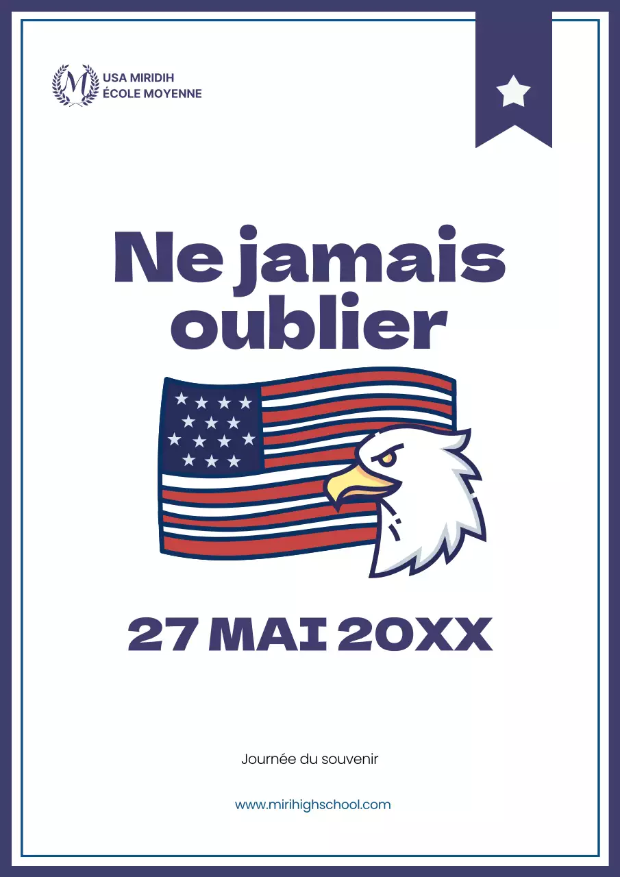 Annonces simples d'événements scolaires pour le Memorial Day en bleu marine et rouge