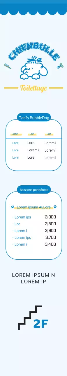 2024 Conception d'une bannière d'orientation avec une liste de prix d'un salon de toilettage pour animaux de compagnie utilisant une illustration de chiot et une police de caractères mignonne pour une garderie pour chiens.