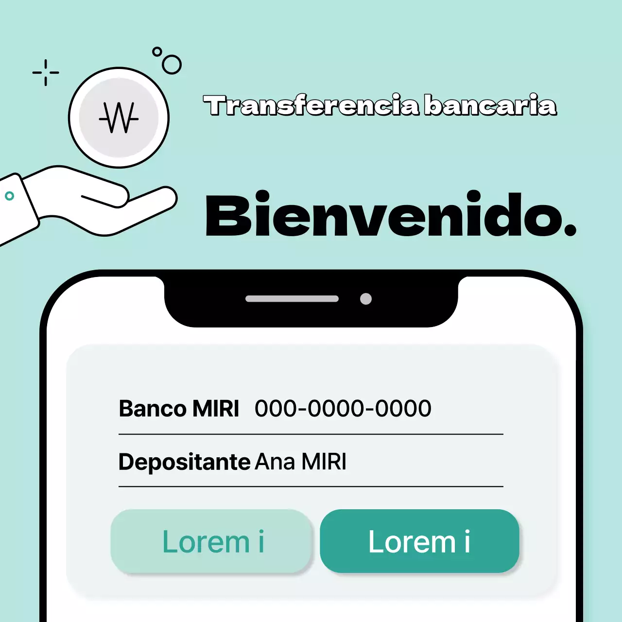 Un sencillo aviso de bienvenida de domiciliación bancaria en menta y azul claro