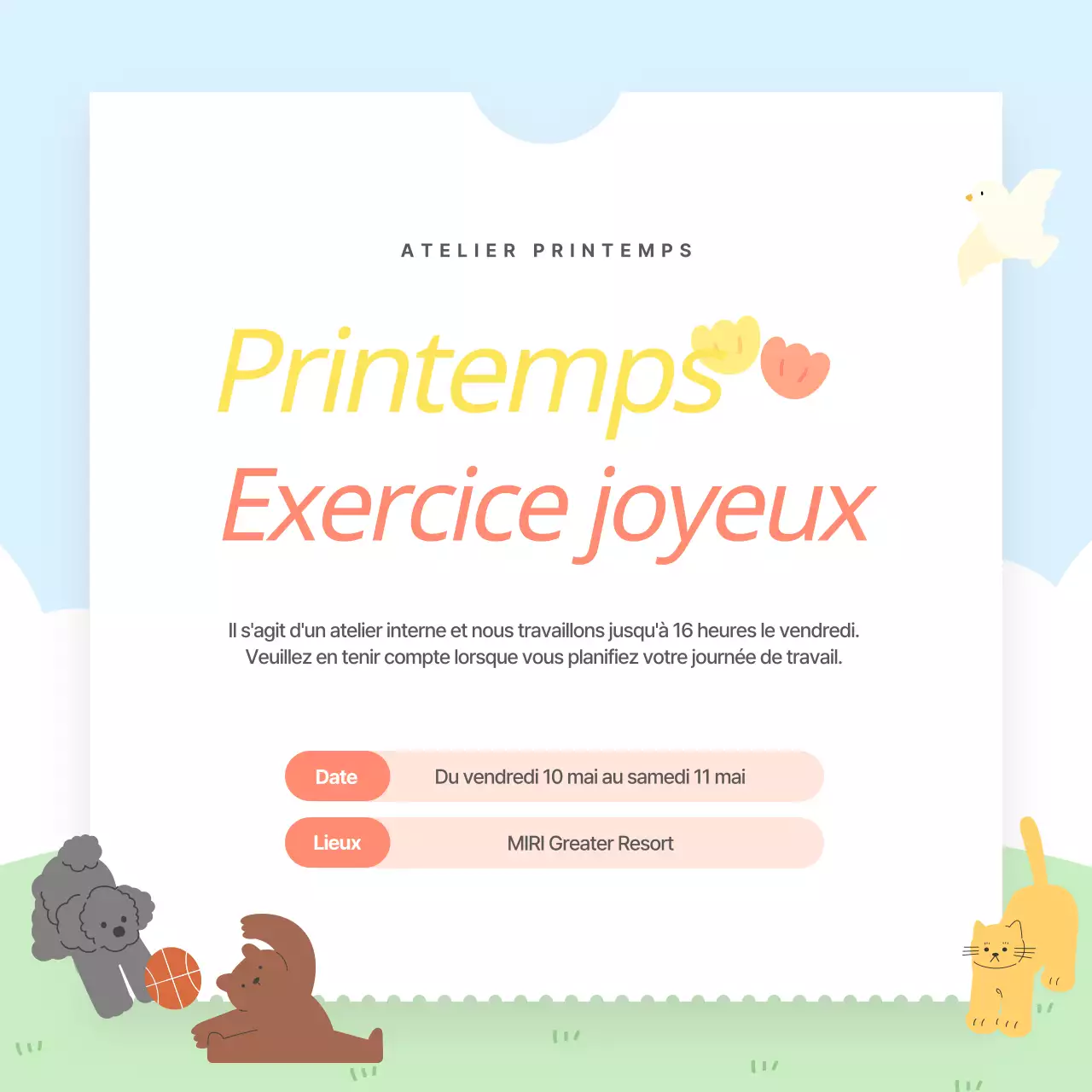 Annonce d'une jolie journée sportive d'entreprise jaune et rose