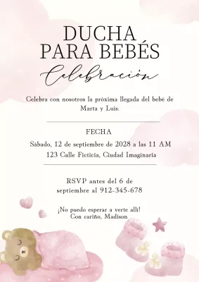 Invitación moderna rosa y blanca para baby shower de niña